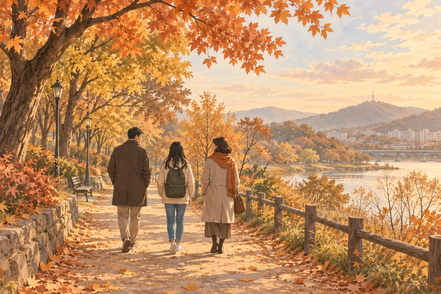 자녀를 위한 기도문 — 낙엽길을 함께 걷는 세 식구의 뒷모습
