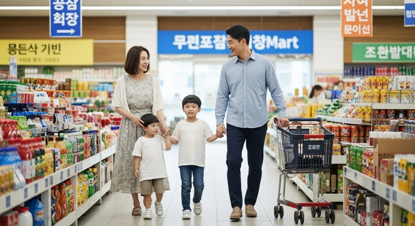 마트에서 가족이 손잡고 걷는 장면