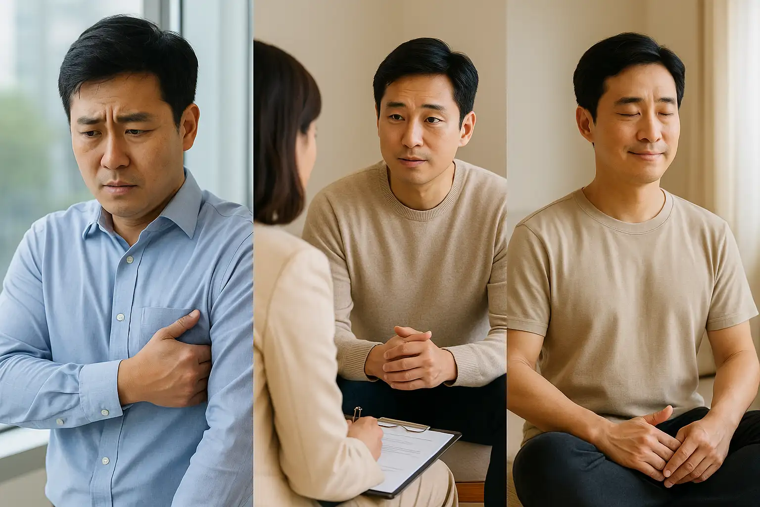 냄새 걱정으로 불안해하는 사람, 상담가와 마주 앉아 대화하는 장면, 심리적 긴장을 완화하는 명상하는 모습