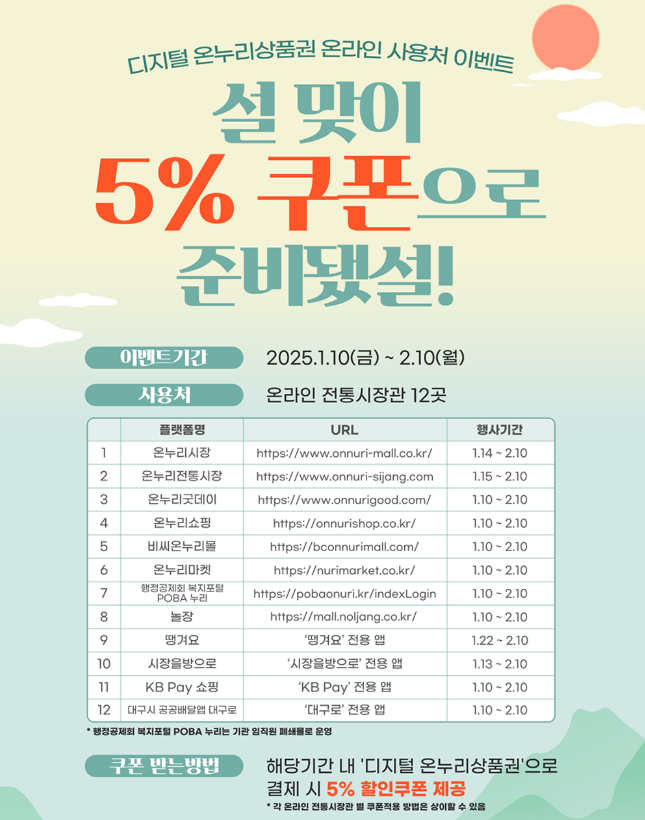온누리상품권 온라인 전통시장관 12곳