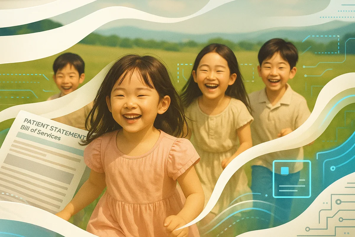 가족을 보호하는 우산 아래에서 실손보험 대리청구 서류를 살펴보는 모습