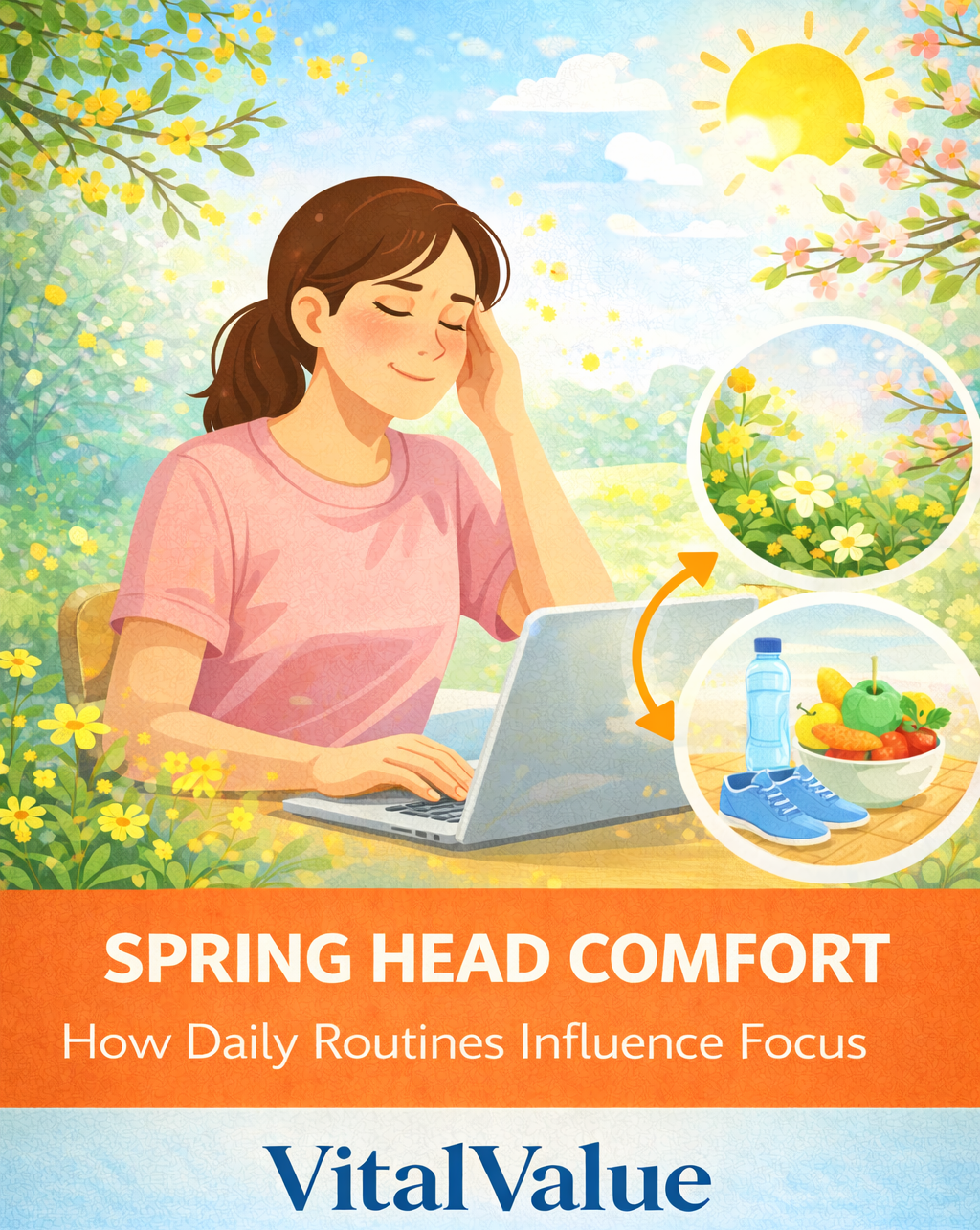 Spring head comfort illustration showing a person regaining mental clarity and focus as daily routines support head comfort during seasonal transitions, explaining how simple habits help reduce heaviness and improve concentration.