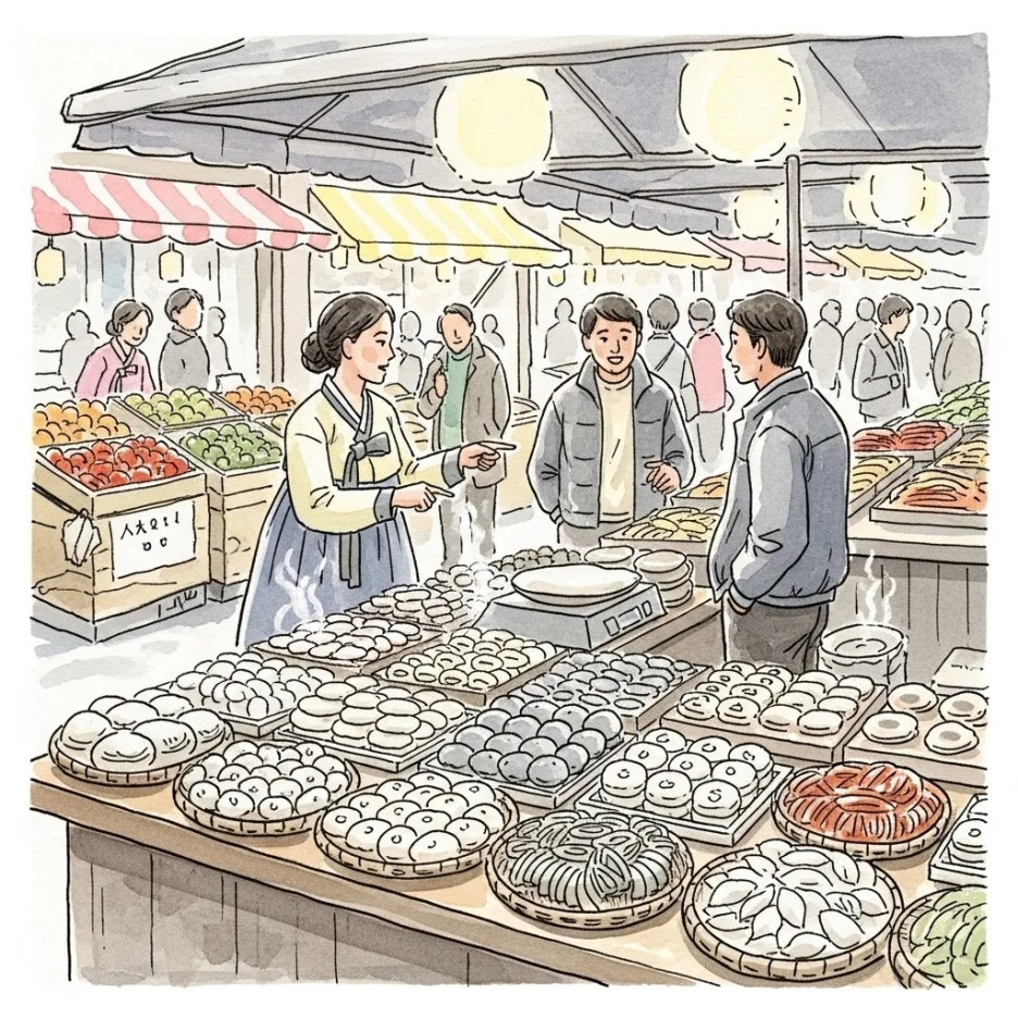 정겨운 전통 시장 풍경 속 떡집