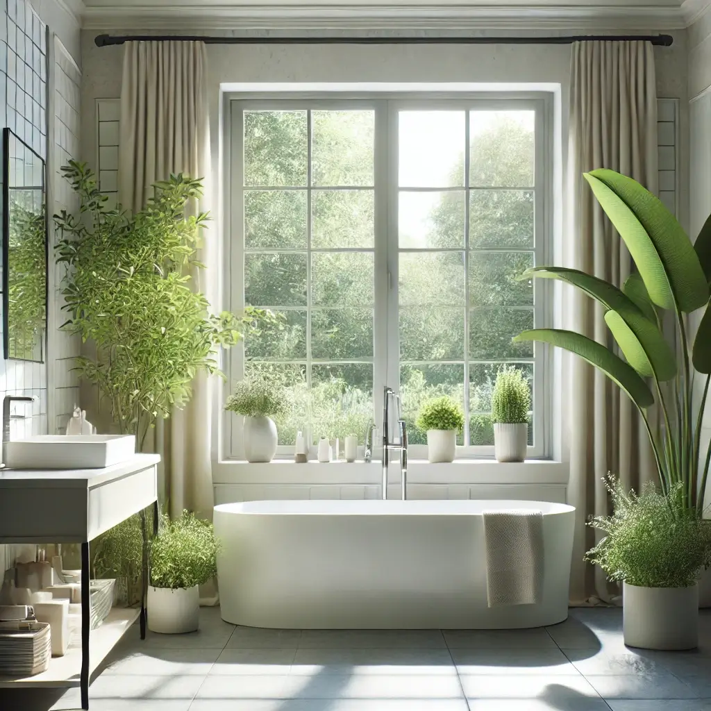 화장실 창문 옆에 식물이 잘 배치된 이미지.