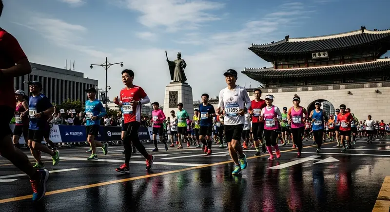 광화문 광장의 이순신 동상과 고궁을 배경으로 비를 맞으며 달리는 마라톤 참가자들