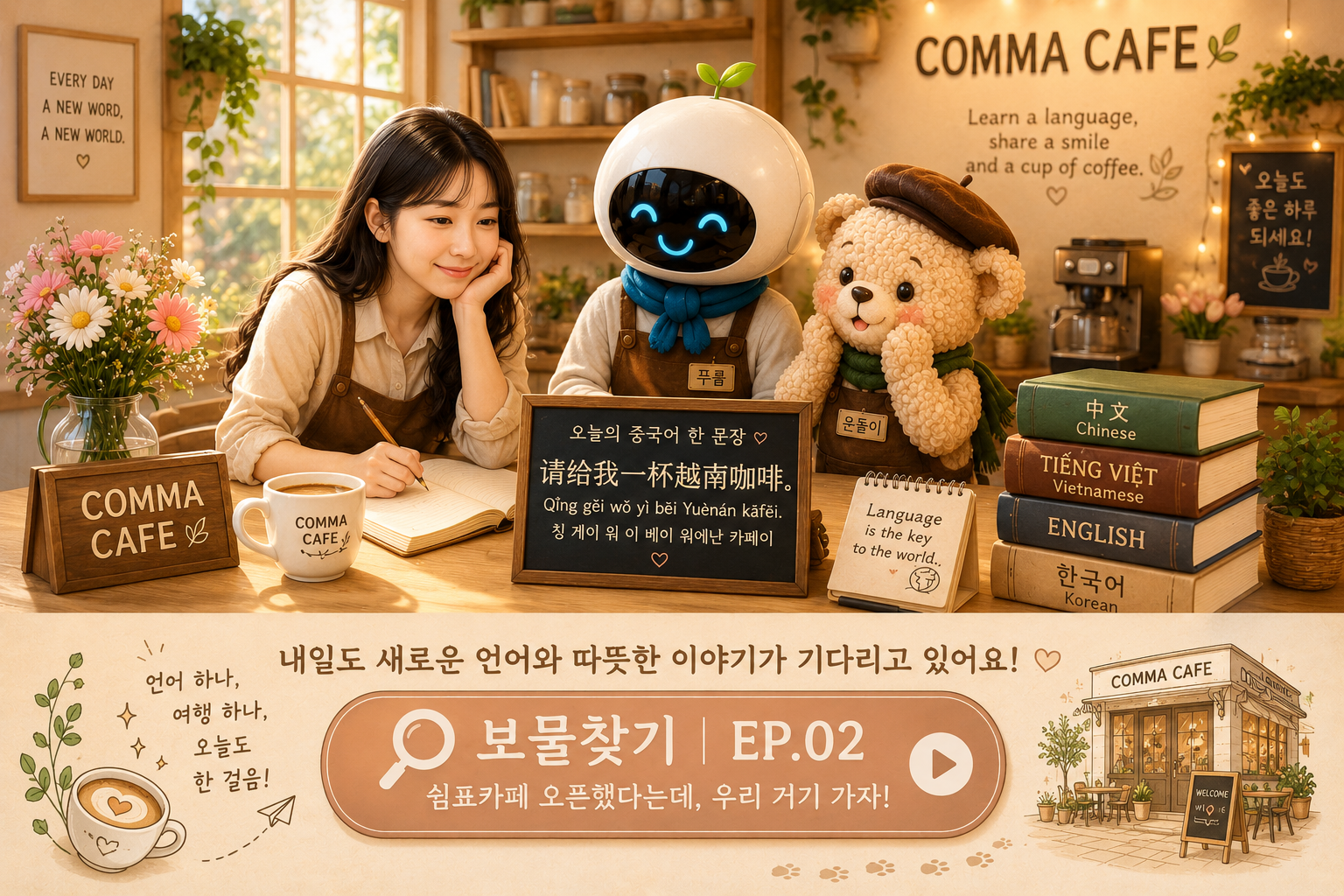 COMMA CAFE에서 하루를 마무리하는 쉼표, 푸름, 은돌이가 내일의 새로운 언어 여행을 준비하는 따뜻한 카페 풍경