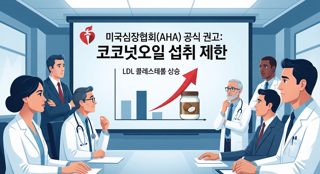 본문의 '왕좌의 붕괴' 파트입니다. 2017년 미국심장협회(AHA)가 발표한 공식 성명의 내용을 그래픽으로 옮겼습니다. 근엄한 분위기의 회의실 스크린에 AHA 로고와 함께 "코코넛오일은 LDL 콜레스테롤을 높여 심혈관 질환 위험을 증가시킨다"는 경고 문구가 선명하게 표시되어 있고, 과학자들이 심각한 표정으로 이를 바라보는 공식적인 이미지를 연출했습니다.