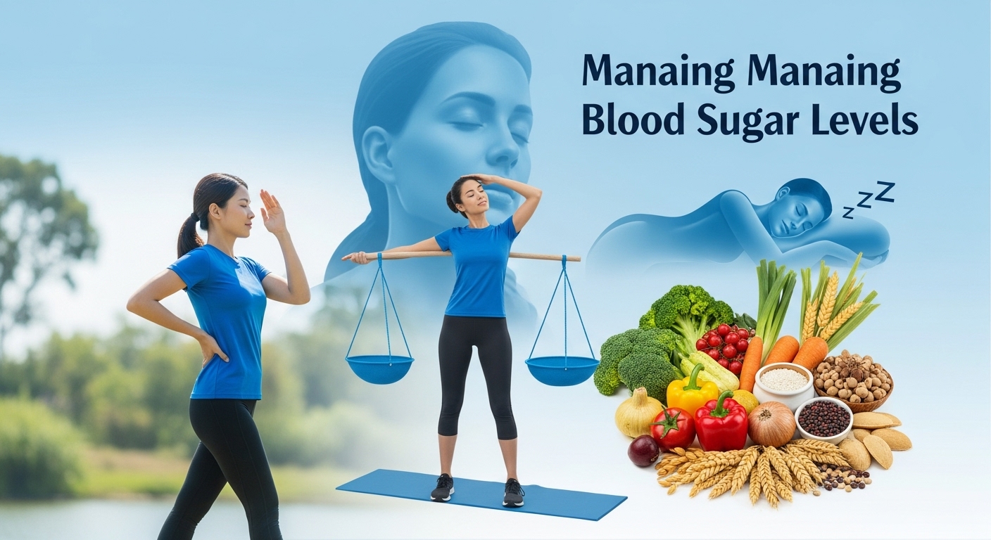 건강한 식단, 규칙적인 운동, 충분한 수면 및 스트레스 관리를 통해 혈당을 효과적으로 조절하고 건강한 삶을 유지하는 사람들의 모습을 담은 희망적인 이미지.