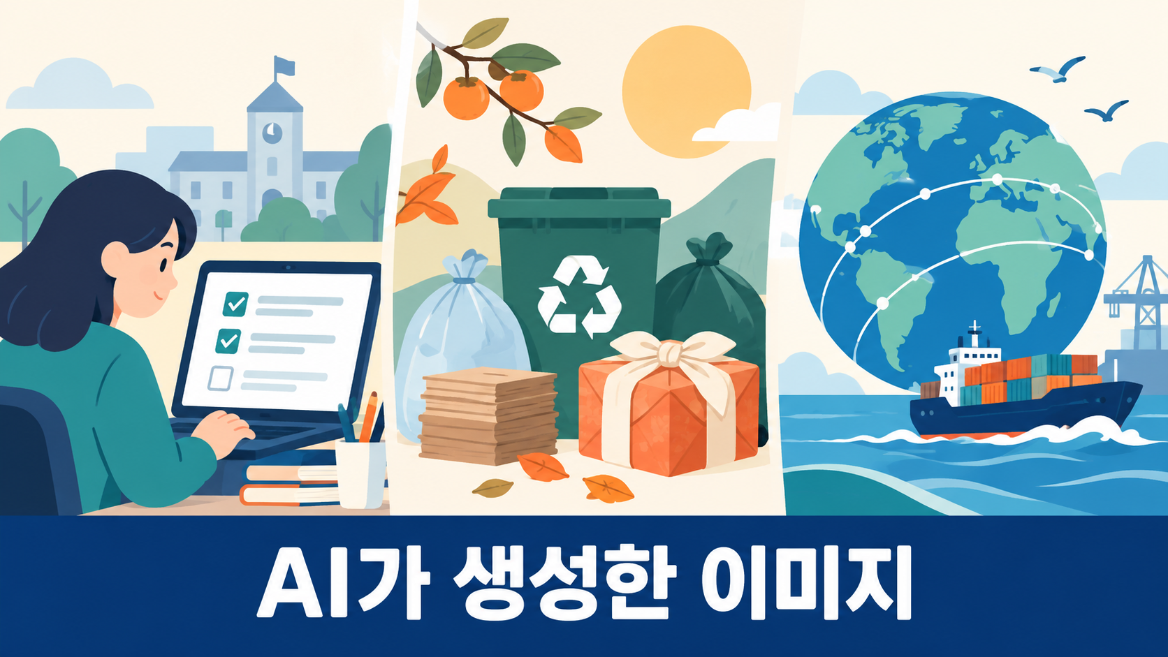 대학 원서 접수, 추석 분리배출, 국제 해상 협의를 표현한 개념 일러스트. 하단에 AI가 생성한 이미지 문구가 표시되어 있습니다.