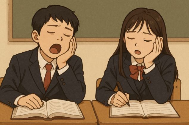 학교에서 공부하다 졸려하는 학생들 모습