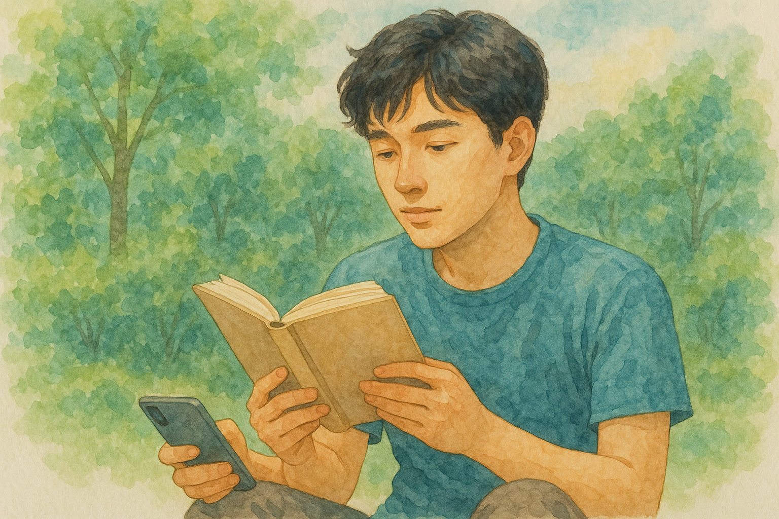 책과 스마트폰을 든 남자