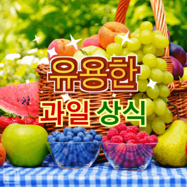 다양한 신선한 과일이 담긴 바구니와 유용한 과일 상식 소개 이미지