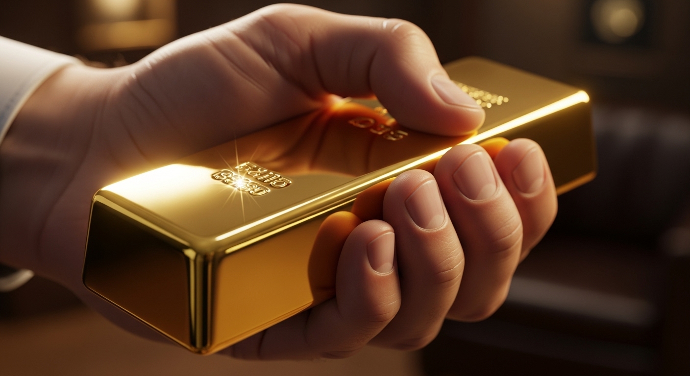 손으로 금괴를 쥐고 있는 모습. 신뢰와 안정감을 주는 이미지