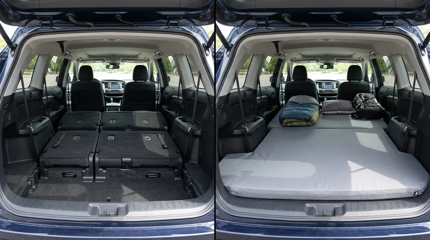 SUV 뒷좌석을 접은 뒤 시트 단차가 보이는 상태와 평탄화 매트를 깐 비교