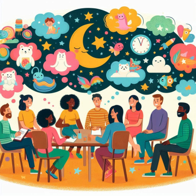 꿈을 주제로 사람들이 이야기를 나누고 있는 장면입니다. 다양한 색상과 상징적인 요소들이 꿈을 상징합니다.