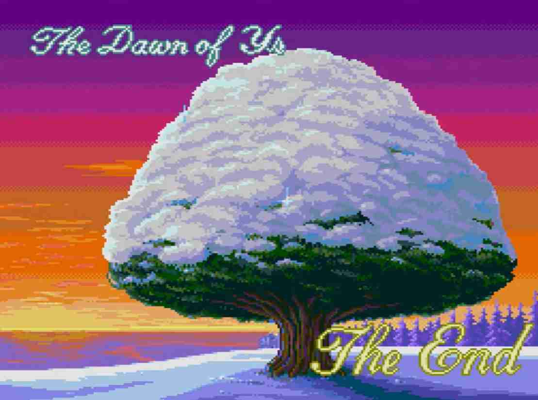 노을을 배경으로 거대한 흰 나무와 The Dawn of Ys&amp;#44; The End 문구가 표시된 이스4 이스의 여명 엔딩 화면