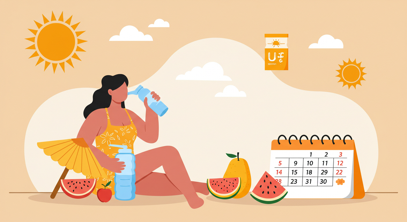 여름에 물을 마시며 선크림을 바르는 사람