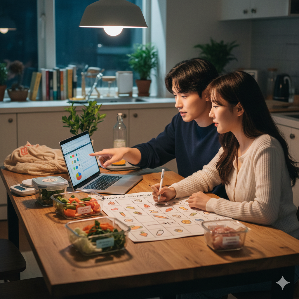 늦은 저녁 주방 식탁에 앉아 노트북으로 식재료 데이터를 확인하며 종이 식단표를 작성 중인 젊은 한국인 커플의 모습이에요. 테이블 위에는 투명한 유리 밀폐 용기에 손질된 채소들이 담겨 있어요.