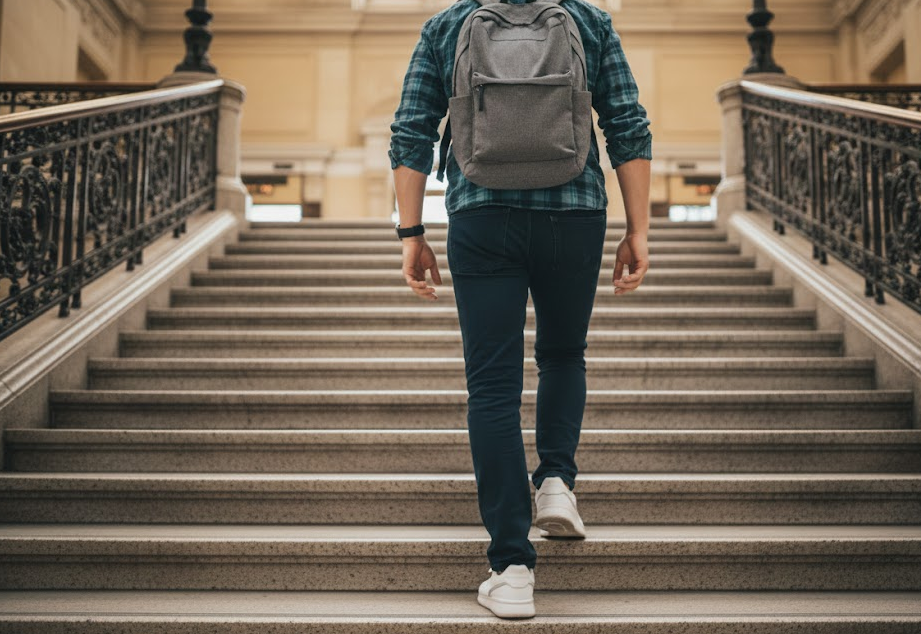 출근 시간을 활용해 계단오르기 운동을 하고 있는 남성