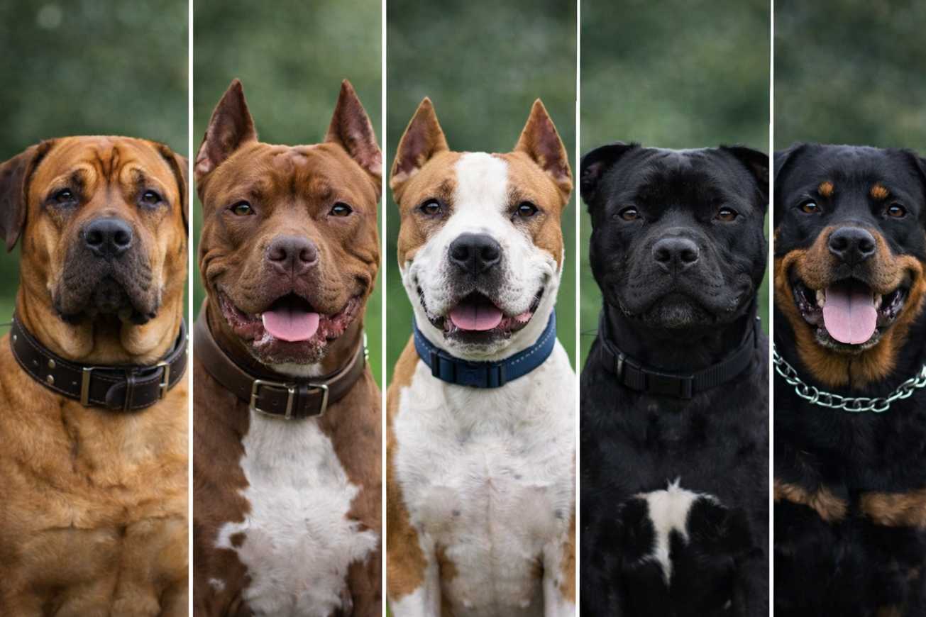 귀 모양까지 선명하게 보이는 법정 맹견 5종의 얼굴을 비교한 이미지로, 책임감 있는 맹견 보호자의 의무와 이해를 강조하는 장면