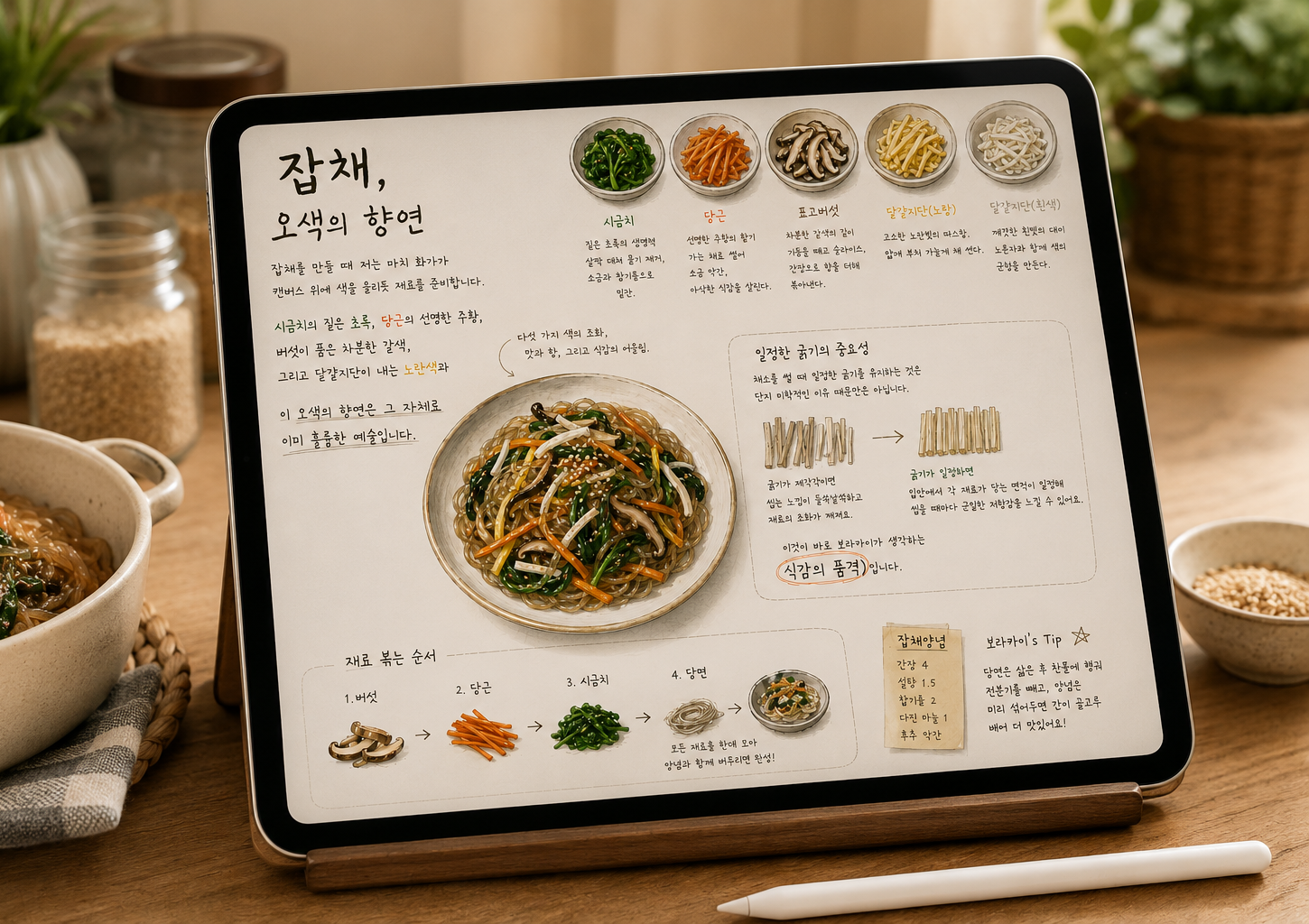 “잡채의 색감과 식감 설명이 담긴 디지털 드로잉을 아이패드로 감상하는 따뜻한 부엌 풍경