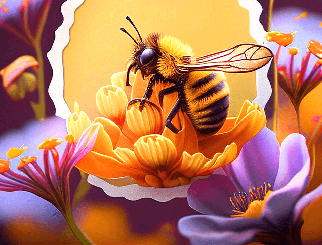 벌이 노란 꽃잎에 앉아 꿀을 빨아 먹는다. 주변엔 보라색 꽃도 있다.