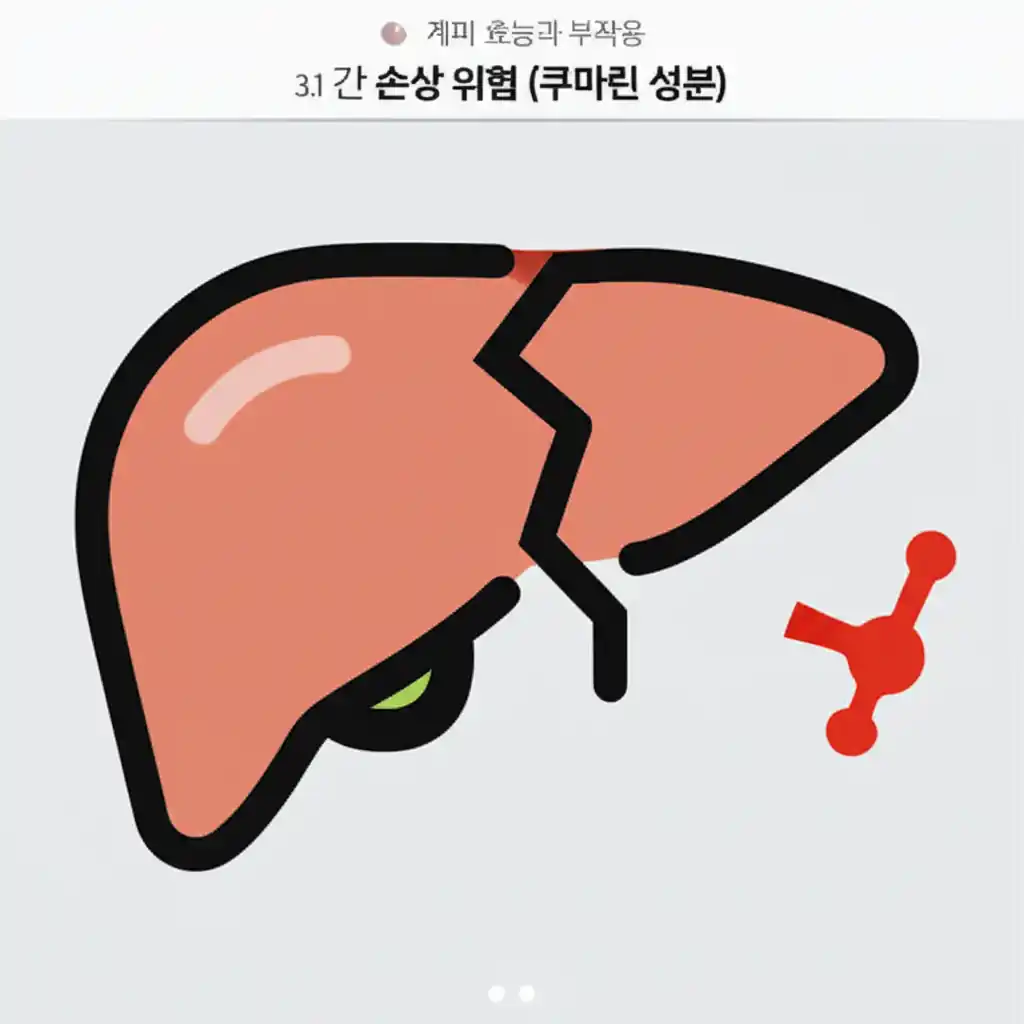계피 쿠마린 성분으로 인한 간 손상 위험을 나타내는 경고 이미지.