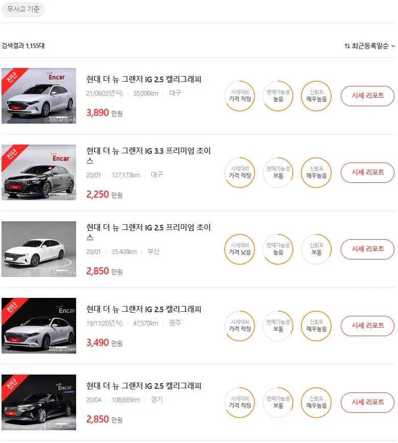 그랜저 중고차 가격, 시세표