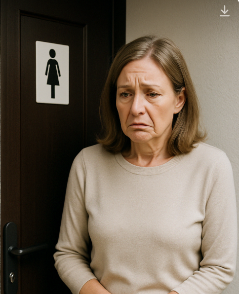 요실금 증세로 인해 중년 여성이 화장실 근처에서 불안한 표정으로 손을 모으고 있는 장면