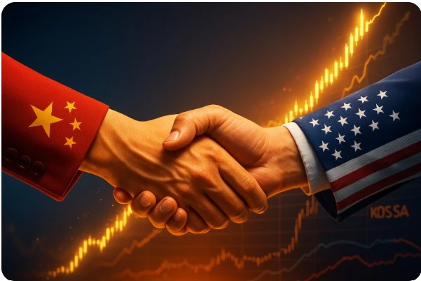 미국과 중국 협력을 상징하는 악수와 상승하는 주식 챠트