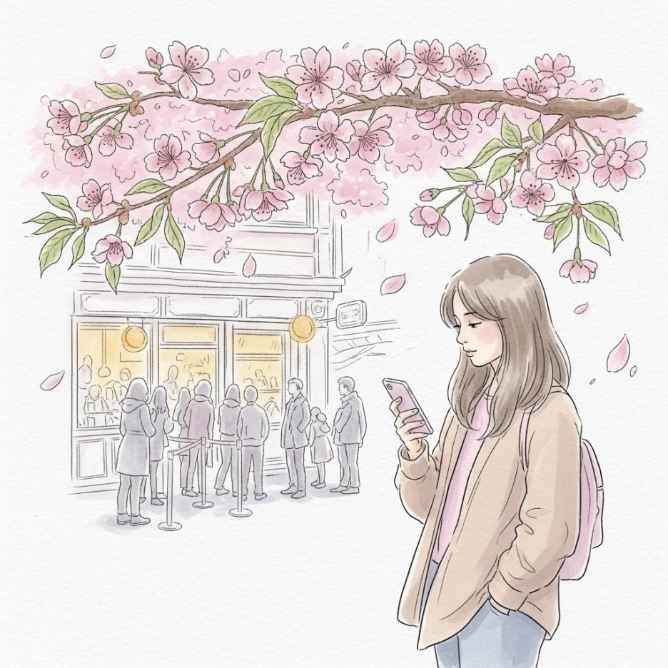 벚꽃 아래서 차례를 기다리며 시간을 보내는 모습