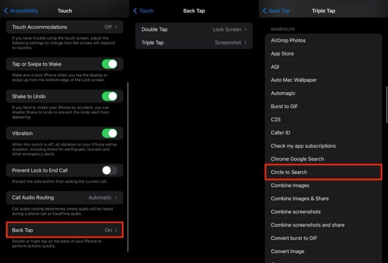 아이폰 더블탭을 서클 투 서치로 연결