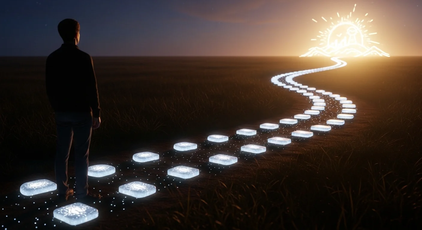 작은 습관의 발자취가 이어져 큰 목표에 도달하는 길을 상징하는 이미지.