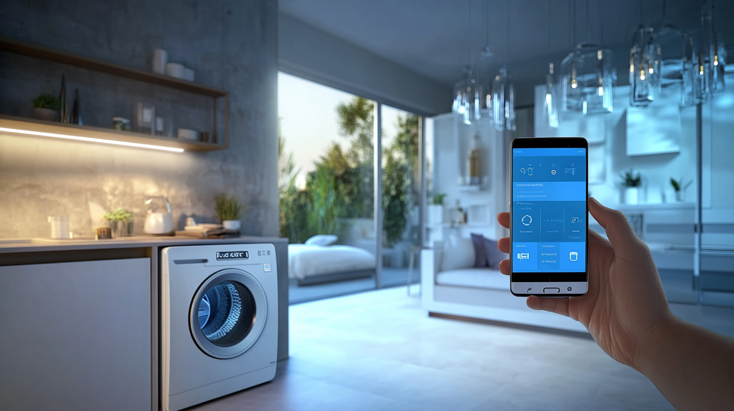 스마트싱스 앱을 통해 삼성 WF21D17CEEC를 스마트폰으로 제어하는 스마트 홈 환경, 현대적 기술 통합이 돋보입니다.
