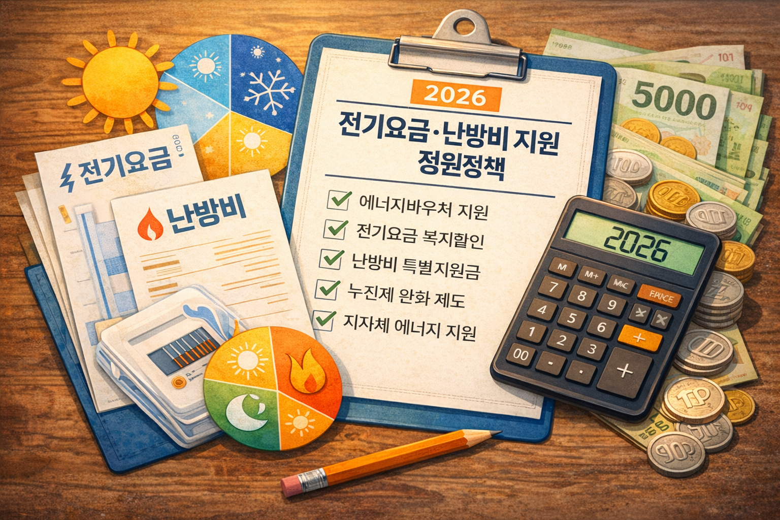 2026 전기요금·난방비 지원 정책과 에너지바우처, 전기요금 복지할인 제도를 정리한 안내 이미지