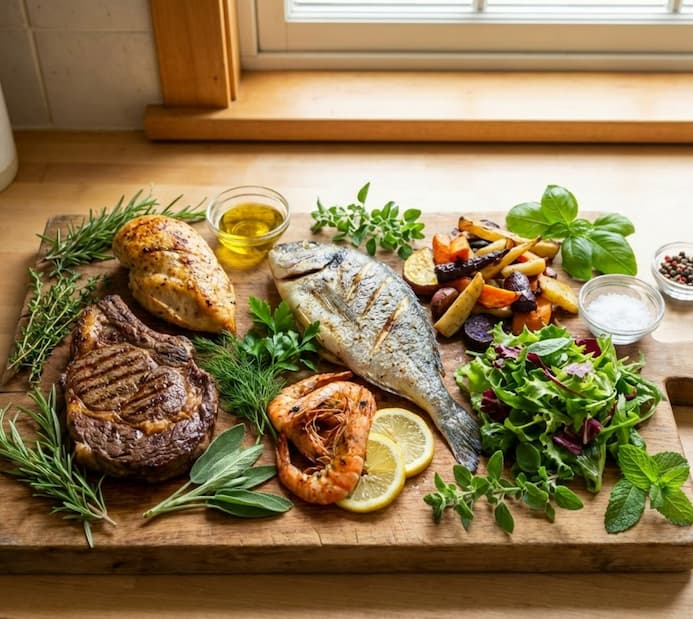 허브와 어울려 있는 요리