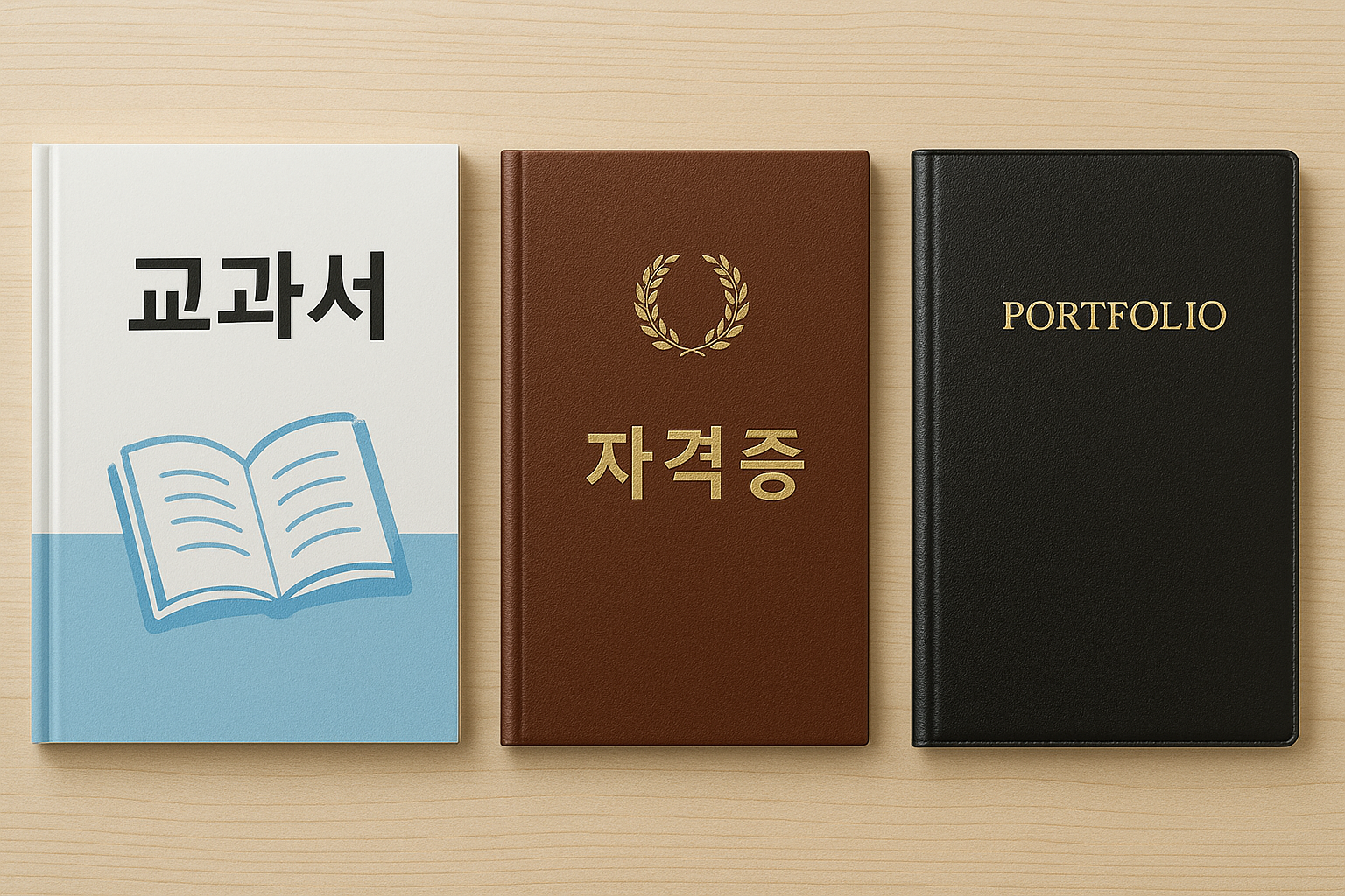 교과서와 자격증, 포트폴리오가 나란히 놓인 이미지