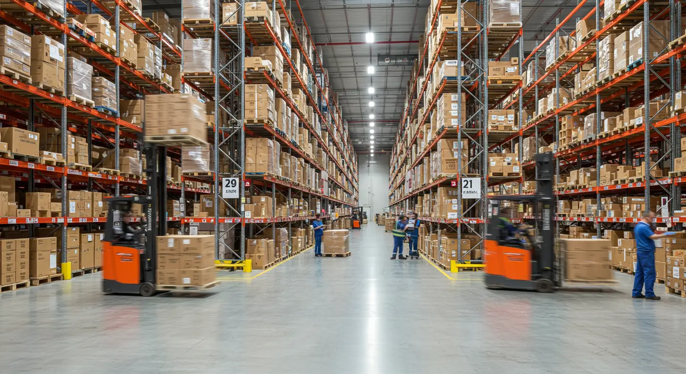 높은 선반에 상자들이 쌓여 있고, 지게차가 움직이며, 작업자들이 휴대용 장치로 소포를 스캔하는 분주하고 현대적인 물류 창고를 넓은 화각으로 찍은 사진