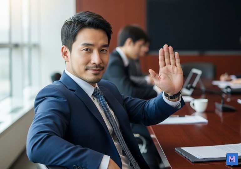 자신감 있는 비즈니스맨이 손을 들어 정중하게 거절하는 모습을 보여주는 사무실 장면 via canva