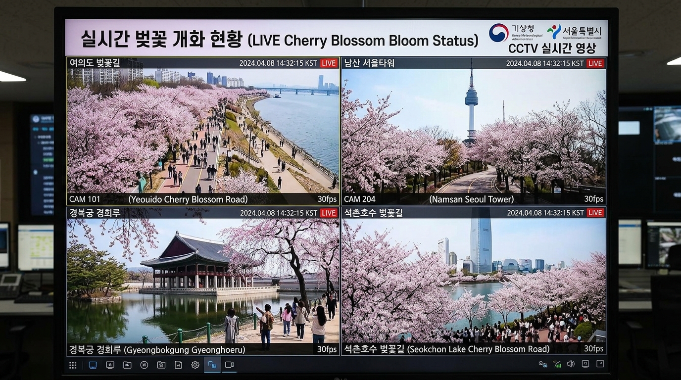 기상청 및 서울시 지자체에서 제공하는 벚꽃 실시간 개화 상황 확인용 CCTV 화면 이미지