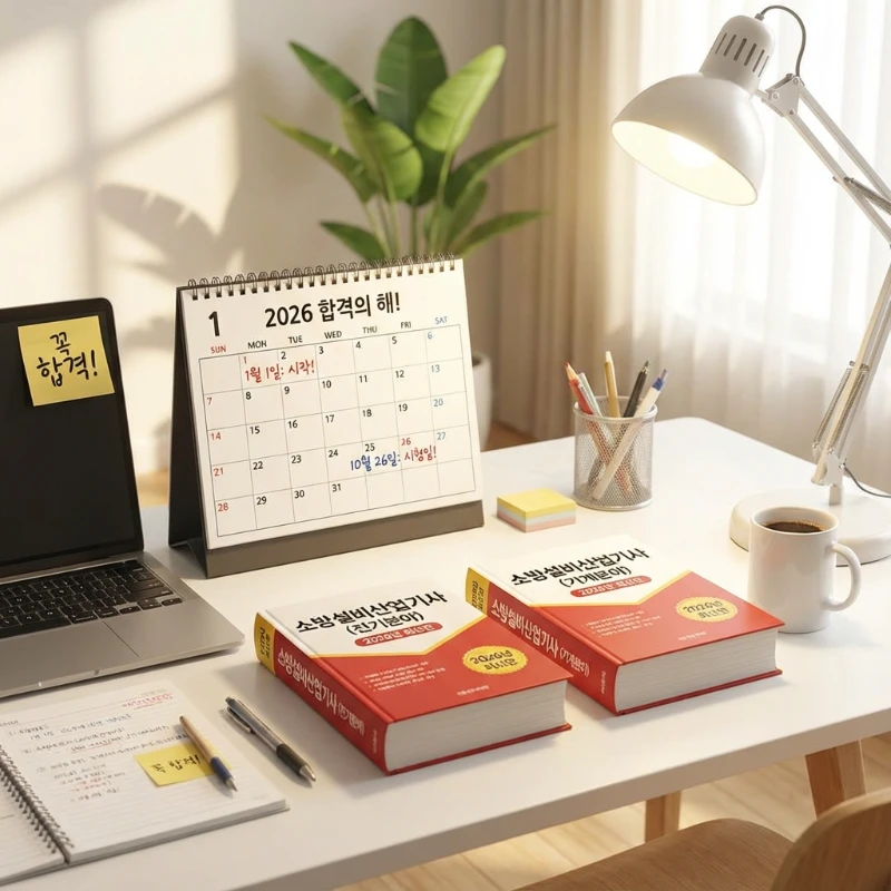 2026 소방설비산업기사 시험일정과 전기 기계 수험서가 놓인 책상 이미지