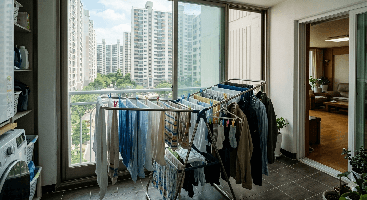 실내 빨래 건조대에 수건과 옷이 널려 있는 사진