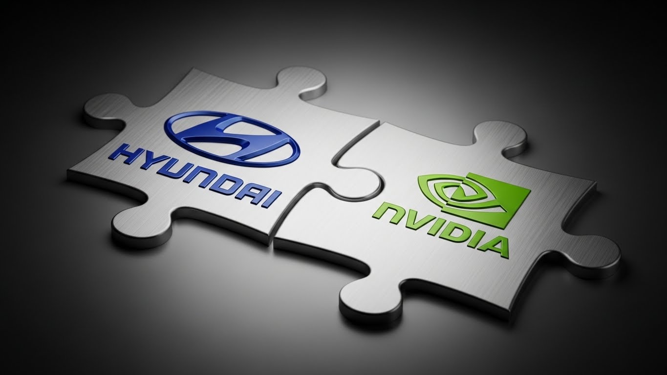 Two puzzle pieces locking together, one with the Hyundai logo and one with the Nvidia logo.