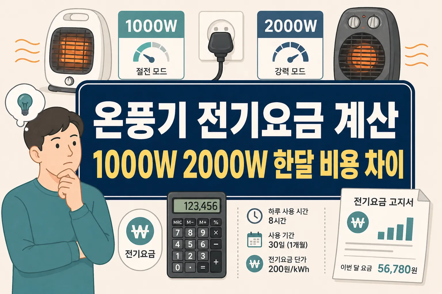 온풍기 전기요금 계산에서 1000W와 2000W 한달 비용 차이를 소비전력과 사용시간 기준으로 이해하도록 보여주는 썸네일 이미지