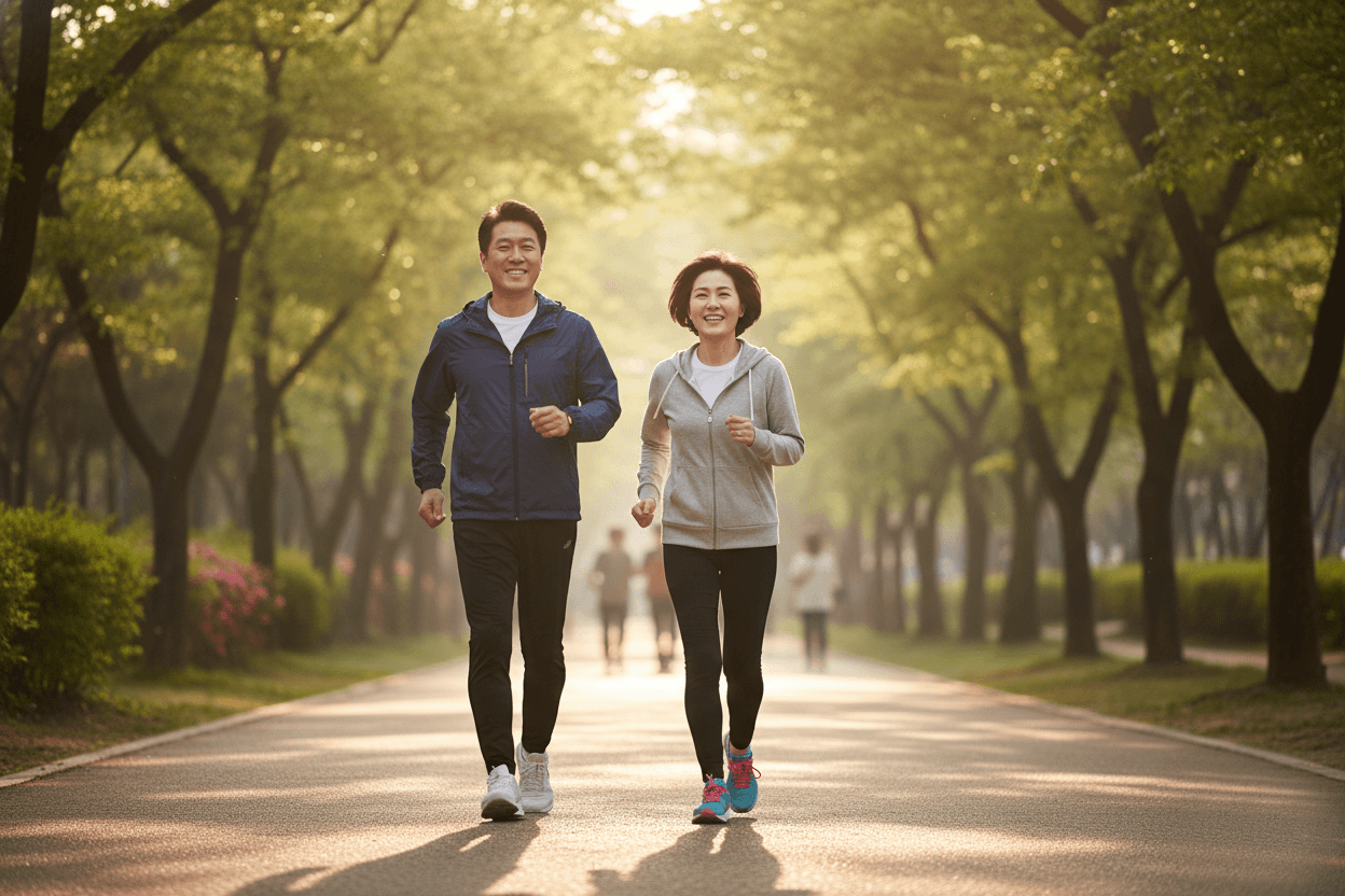 공원을 함께 걸으며 혈관 건강을 위해 가벼운 운동을 하는 중장년 한국인 부부의 모습