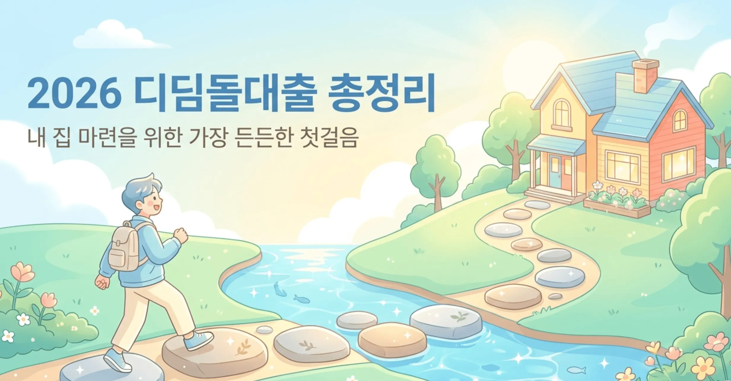 2026 디딤돌대출 총정리, 내 집 마련을 위한 가장 든든한 첫걸음이라는 문구가 담긴 대표 이미지. 한 청년이 시냇물 위 징검다리를 건너 언덕 위 주택으로 향하는 모습을 통해 무주택 서민이 디딤돌대출로 내 집 마련에 다가가는 과정을 따뜻하게 표현함. 디딤돌대출 조건과 금리, 한도, 신청방법을 정리한 블로그 글의 주제를 시각적으로 전달하는 대표 이미지