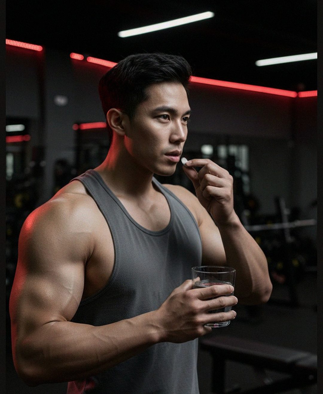 Korean Asian man in 40s taking supplement with water after dinner