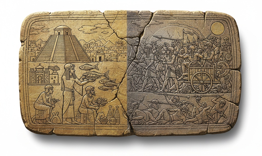 A stone relief illustration divided into two sections representing Sumerian society: the left side shows a peaceful scene with a ziggurat, farming, and offerings, while the right side depicts a scene of war with chariots and soldiers.