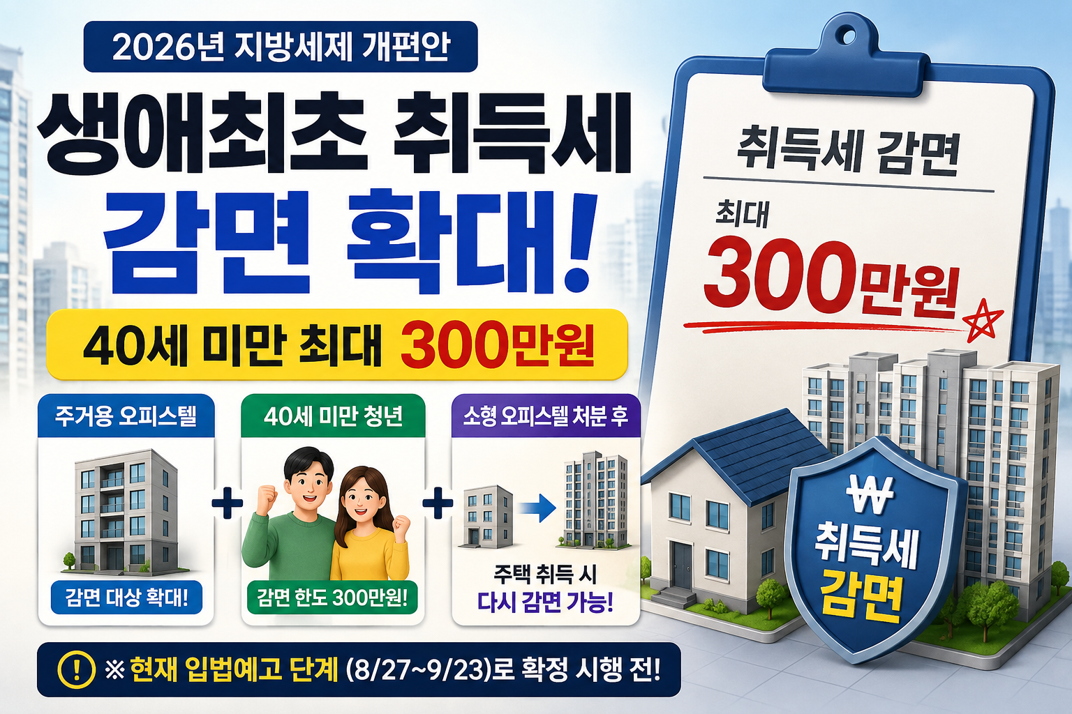 2026 생애최초 취득세 감면 확대, 40세 미만 최대 300만원 및 주거용 오피스텔 감면 대상 안내