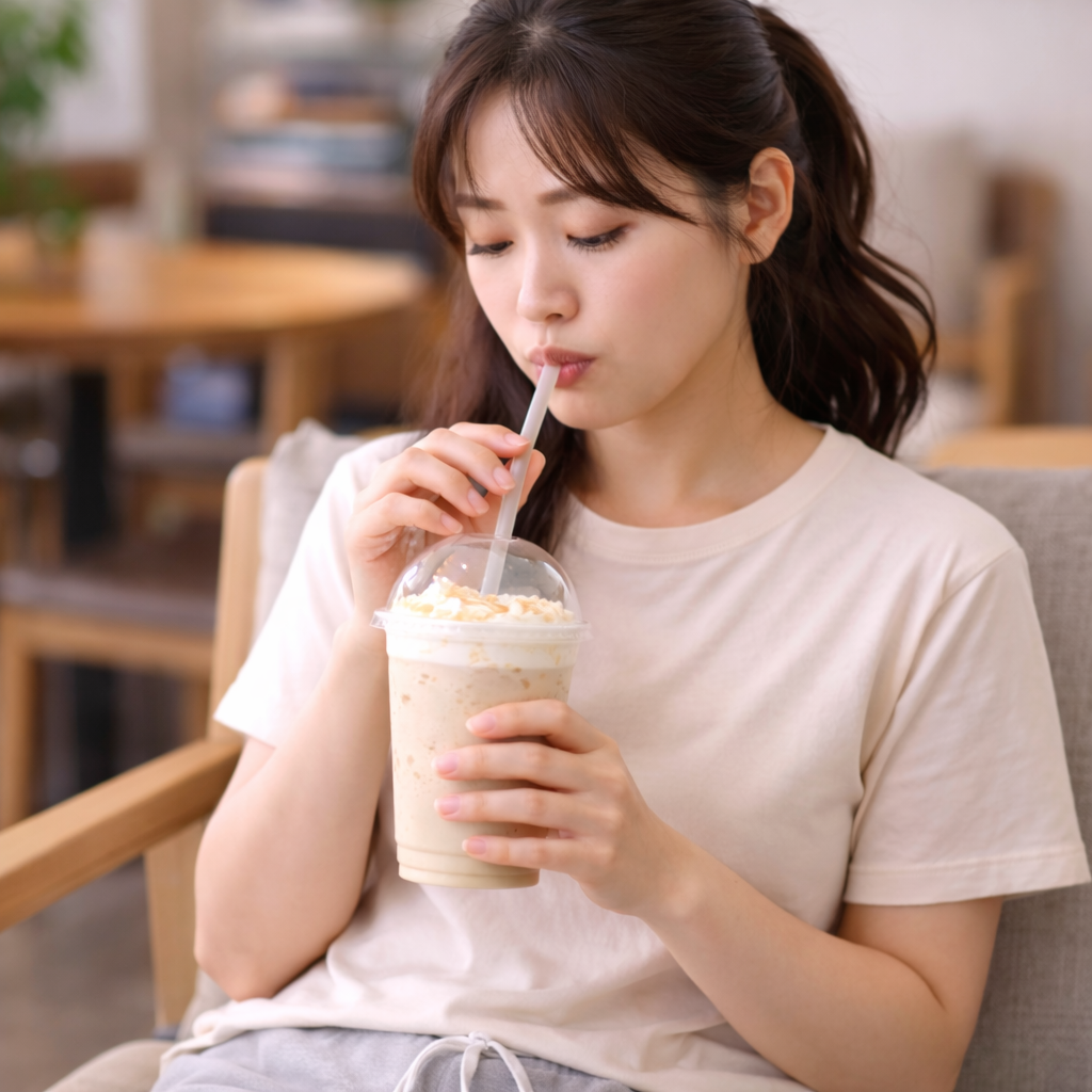 체중 정체의 원인이 될 수 있는 액체 칼로리 섭취를 표현한 이미지